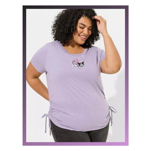 NWT Torrid 2X Kuromi & My Melody by Sanrio Purple Slim Fit Embroidered Cinch Tee - Picture 1 of 9